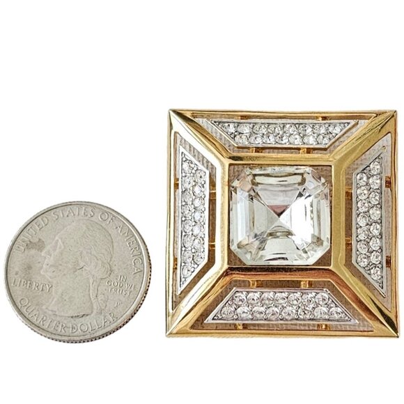 Jones New York Gold Tone Clear Rhinestone Square Open Brooch, Signed L357 - Picture 6 of 8